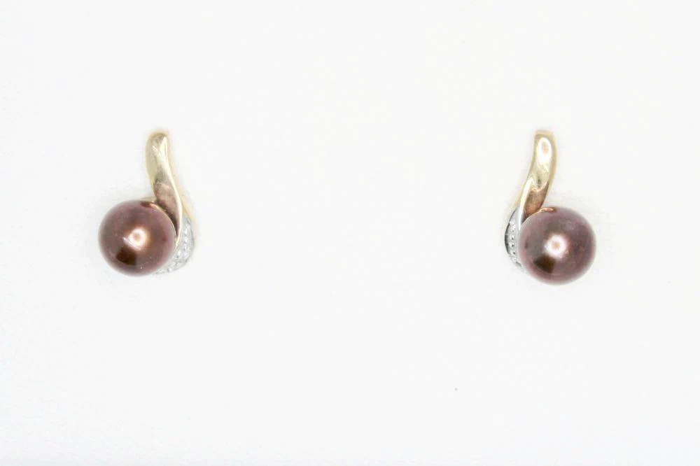 9ct Gold Earrings with Chocolate Pearl and Diamonds