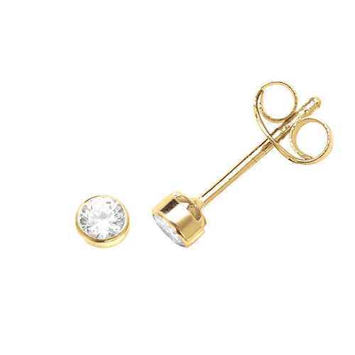 9ct Gold Round 3 mm CZ Solitaire Rubover Stud Earrings