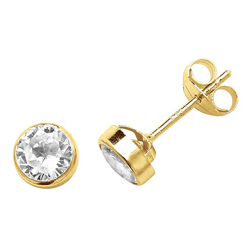 9ct Gold Round 5 mm CZ Solitaire Rubover Stud Earrings