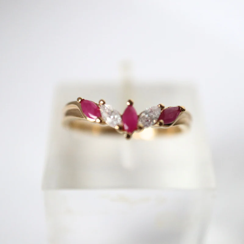 9ct Gold Ruby and Cubic Zirconia Wishbone Ring