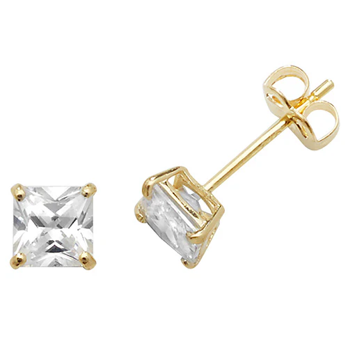 9ct Gold Princess Cut 4 mm CZ Stud Earrings