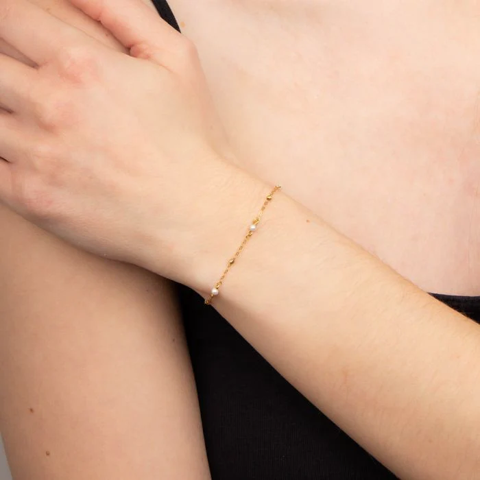 9ct Gold Trace Chain & Pearl Station Bracelet - Image 2