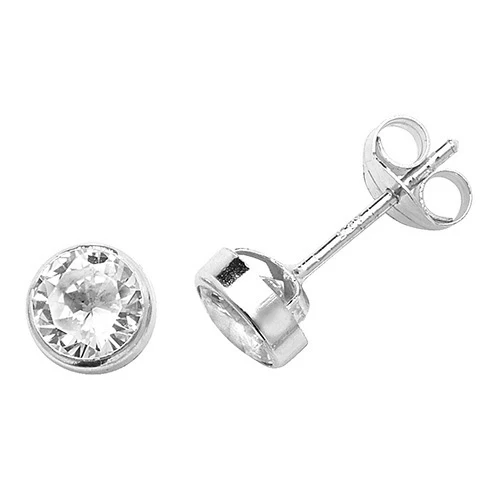 9ct White Gold Round 5 mm CZ Solitaire Rubover Stud Earrings