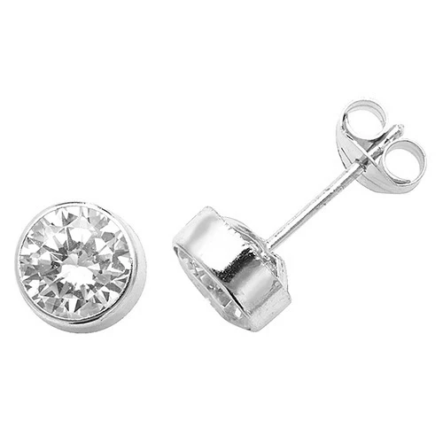 9ct White Gold Round 6 mm CZ Solitaire Rubover Stud Earrings