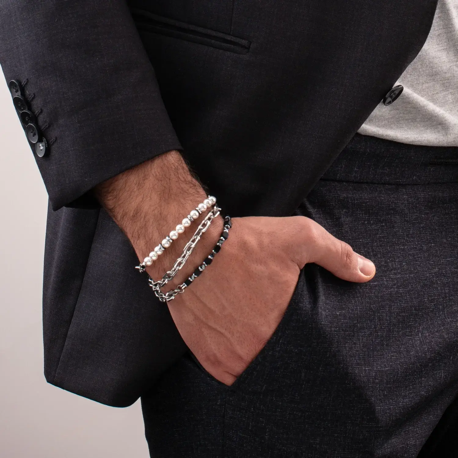 Coeur de Lion Men's Bracelet with White Crystal Pearls - Image 2