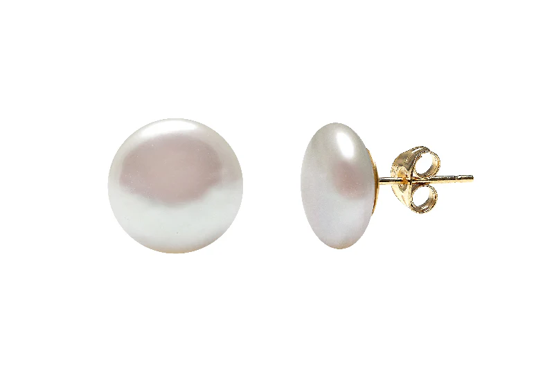 Gold Earrings with Coin-Shaped Cultured River Pearl