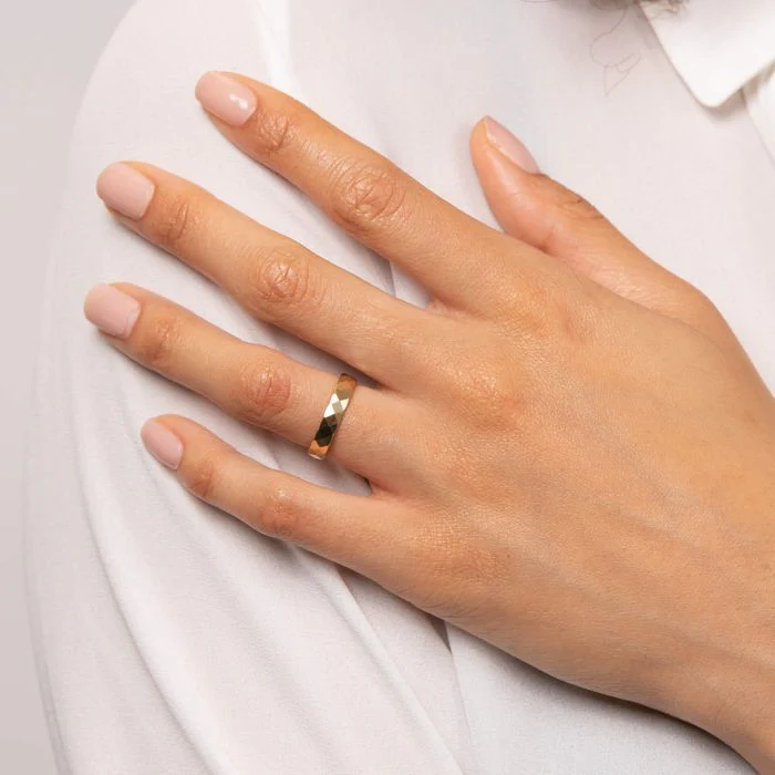 Gold Hexagonal Textured Wedding Band Ring - Image 2