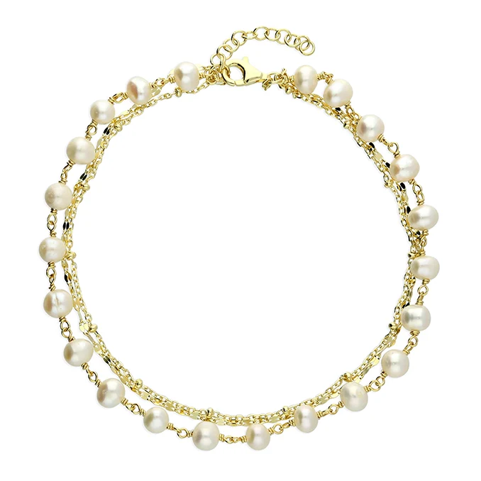 Gold Plated Silver 2-Strand Anklet with Freshwater Pearls