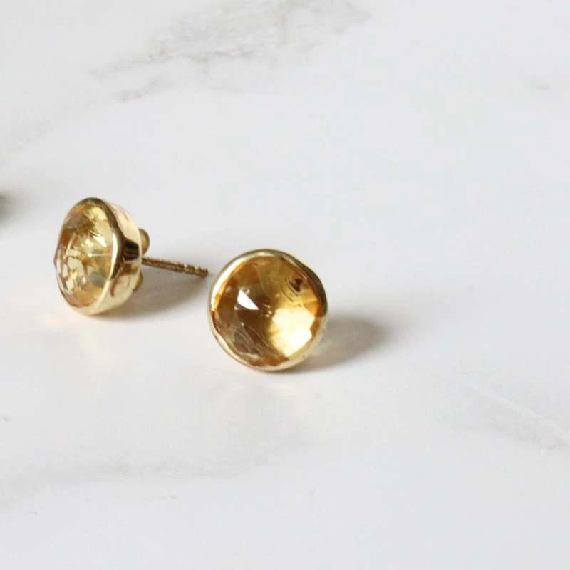 Gold Plated Silver Stud Earrings with Faceted Citrine