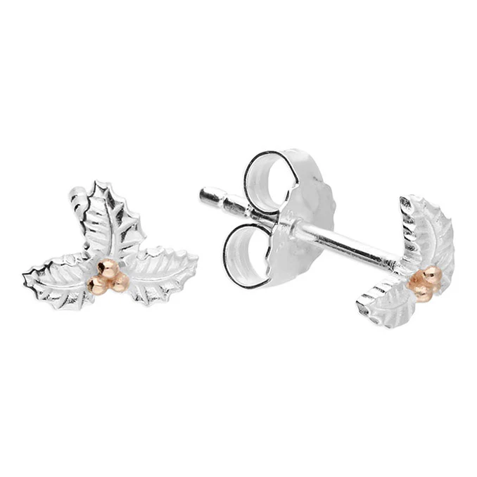 Ladies' Two-Tone Holly December Birthmonth Flower Stud Earrings