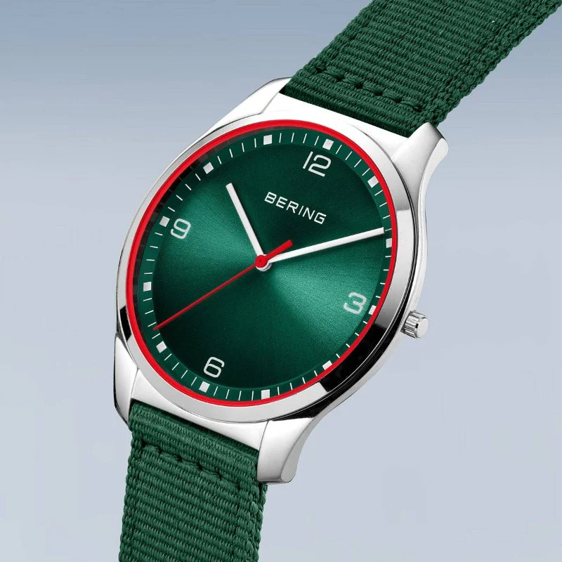 Men's Bering Slimline Watch with Nato Green Strap 18342-508 - Image 2
