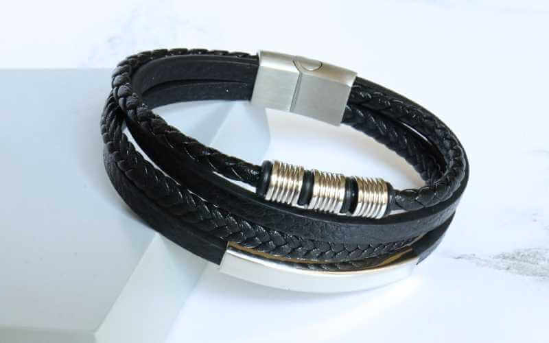 Men's Leather Bracelet with 3-Bar Strand