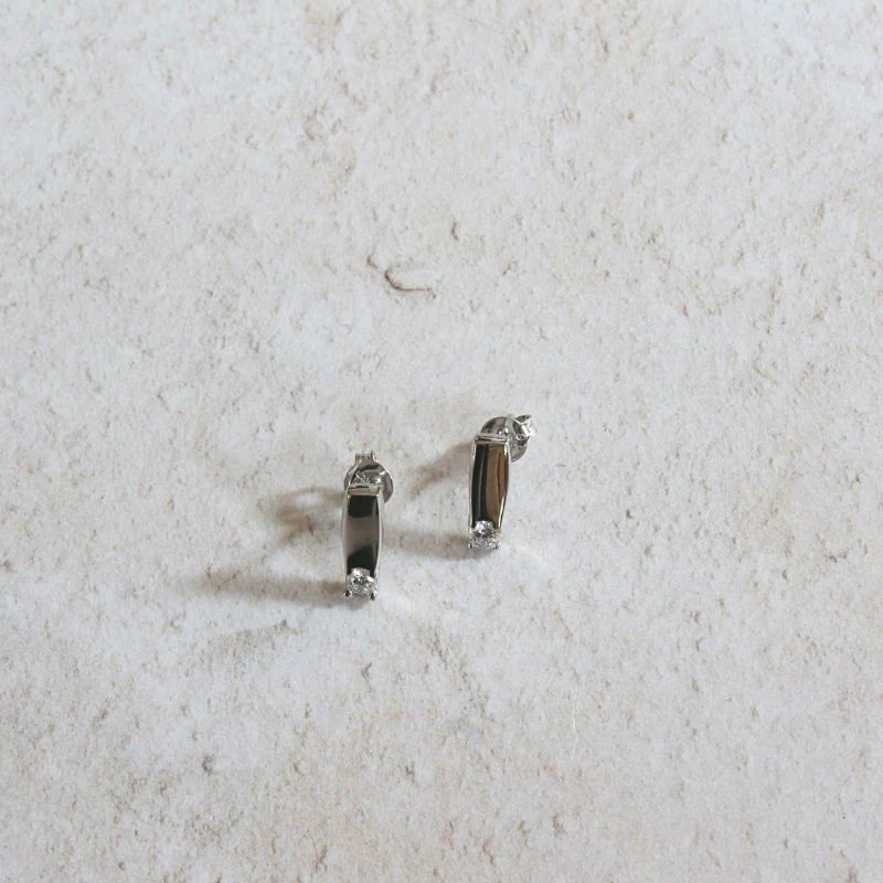 Silver Bar Earrings with Bezel Set Single Cubic Zirconia