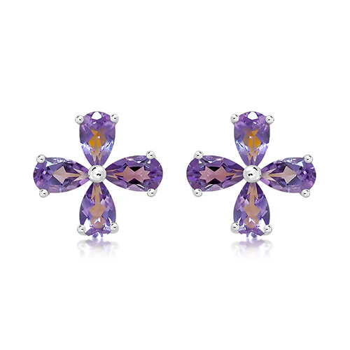 Silver Flower Stud Earrings with Amethyst
