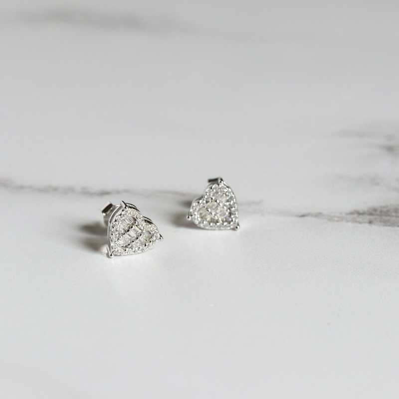 Silver Heart Earrings with Baguette and Brilliant Cut CZ's