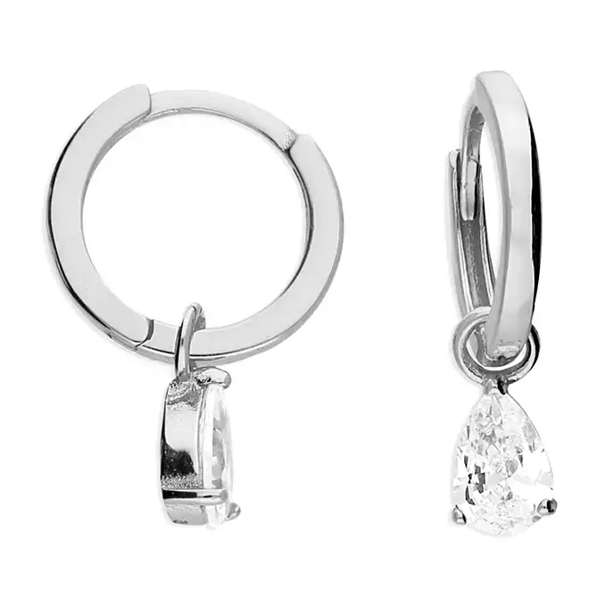 Silver Hinged Hoop Earrings with CZ Charm Dangle