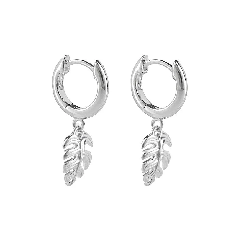 Silver Hoop Earrings with Palm Leaf Charm