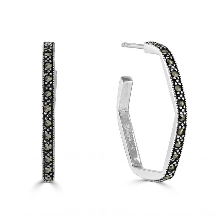 Silver Hexagonal Marcasite Hoop Earrings