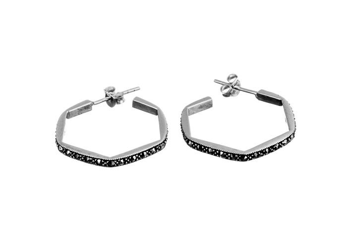 Silver Hexagonal Marcasite Hoop Earrings - Image 2