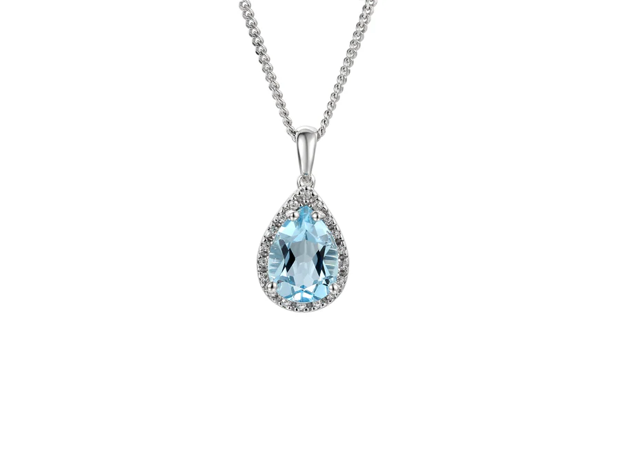 Silver Pear-Cut Sky Blue Topaz Pendant with CZ Halo