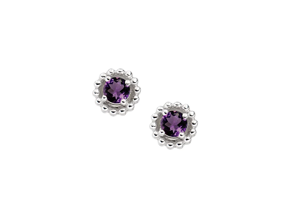 Silver Round Amethyst Stud Earrings with Beaded Halo