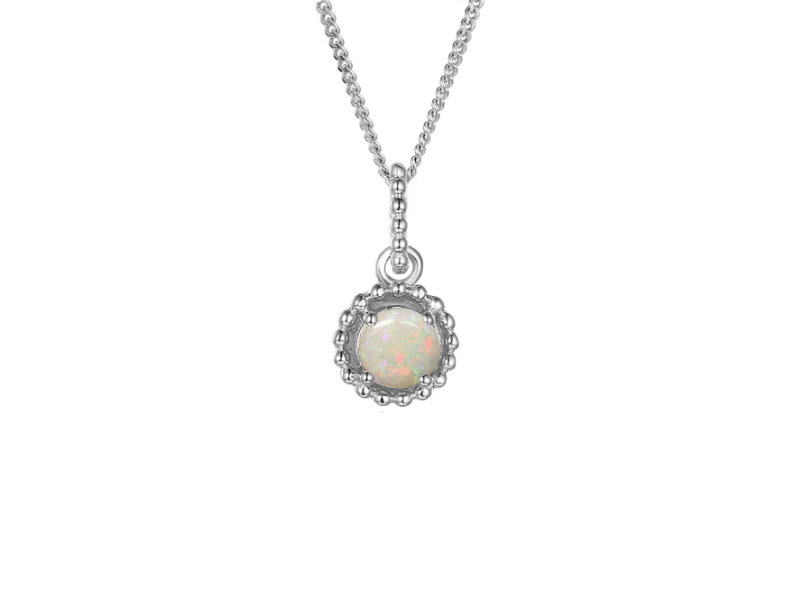 Silver Round Opal Pendant with Beaded Halo