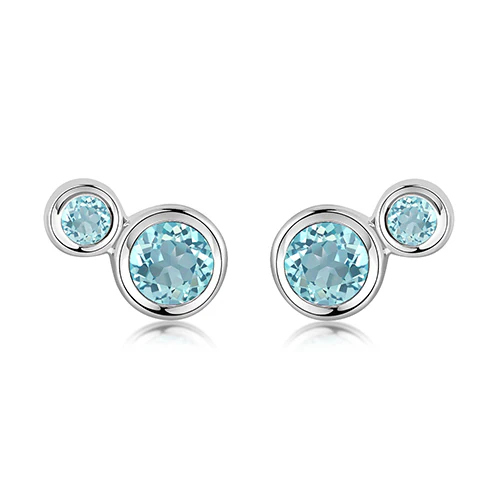 Silver Stud Earrings With Double Blue Topaz Rubover Stud Earrings