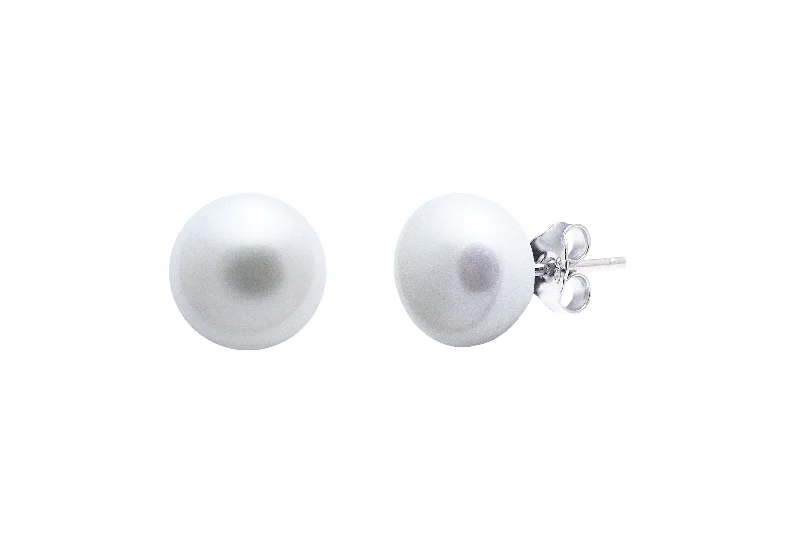Silver Stud Earrings with White Button-Shaped River Pearl 9-9.5 mm