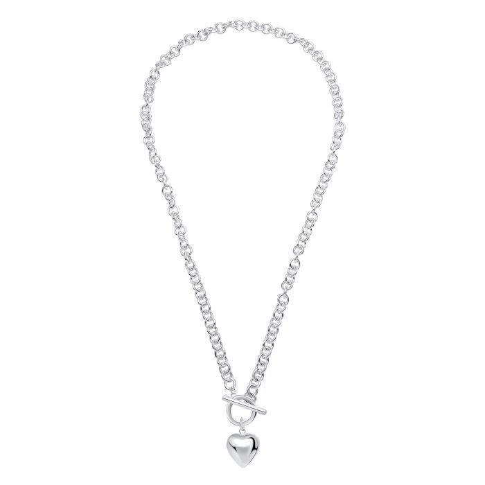 Silver T-Bar Necklace with Puffed Heart
