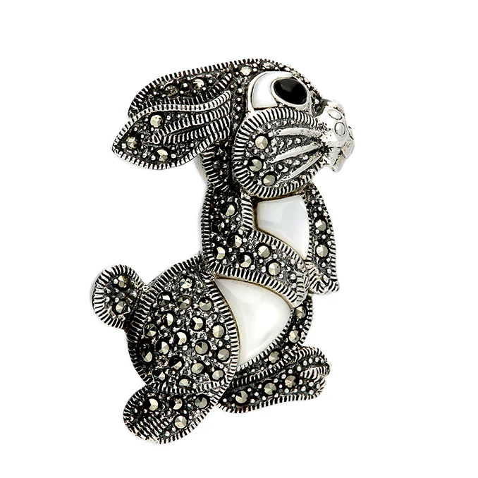 Sterling Silver Marcasite And Mother Of Pearl Rabbit Brooch
