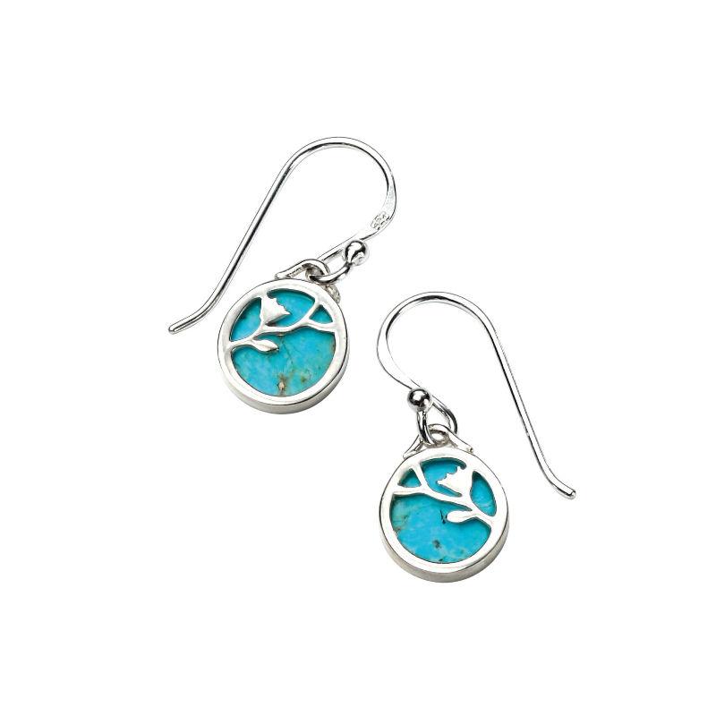 Turquoise Disc Drop Earrings with Silver Flower Pattern Overlay