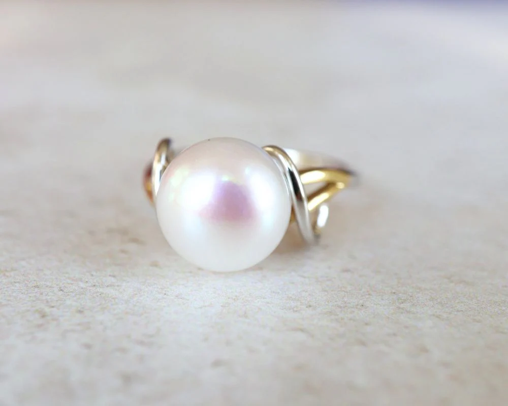 Two Tone Gold Crossover Ring with Large Freshwater Pearl