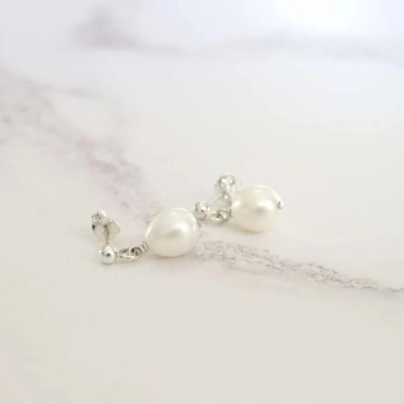 White Barrel-Shaped Cultured River Pearl Drop Earrings