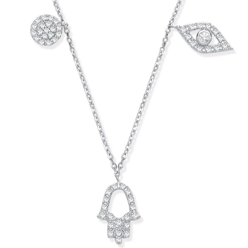 White Gold and Diamond Hamsa Necklace with Evil Eye and Circle