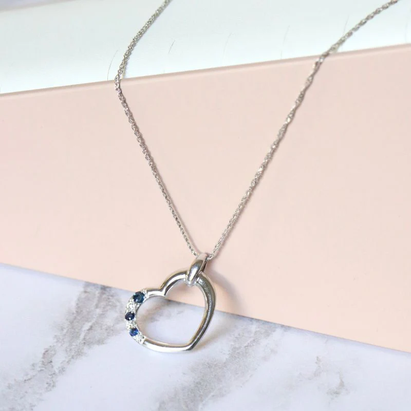 White Gold Open Heart Pendant with Sapphires and Diamonds - Image 3