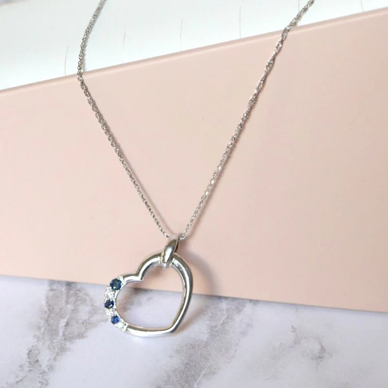 White Gold Open Heart Pendant with Sapphires and Diamonds - Image 4